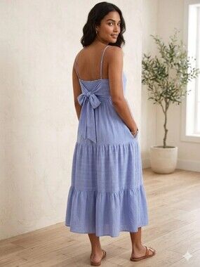 Haute Hippie Blue Tiered Smocked Bow-Back Midi Dress